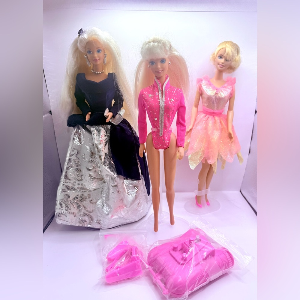 Barbie Dolls Set with Pink, Black, and Silver Outfits